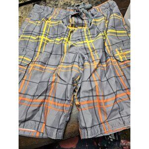 OP Gray Orange Yellow Patterned Lined Swim Trunks Shorts Men's Size Large